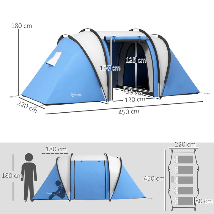 Tenda de Campismo Familiar para 4-5 Pessoas Tenda de Campismo Túnel Impermeável 3000 mm com 2 Quartos Bolsa de Transporte e Gancho Ideal para Caminhadas e Pesca Azul