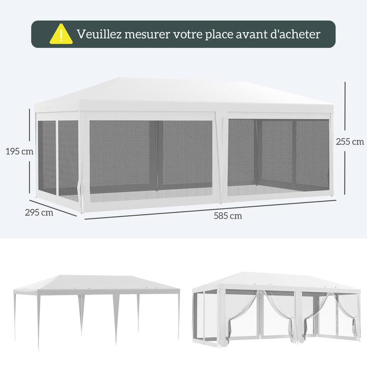 Tenda para Festas 6x3 m Tenda Desmontável Exterior com 6 Mosquiteiros Laterais 2 Portas com Fecho de Correr para Terraço Jardim Branco