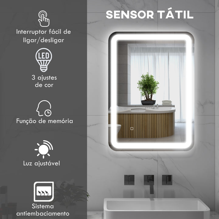 Espelho Casa de banho com Luzes LED 70x50 cm Espelho de Parede Antiembaciamento com 3 Temperaturas de Cor Ajustável e Função de Memória Horizontal e Vertical Prata