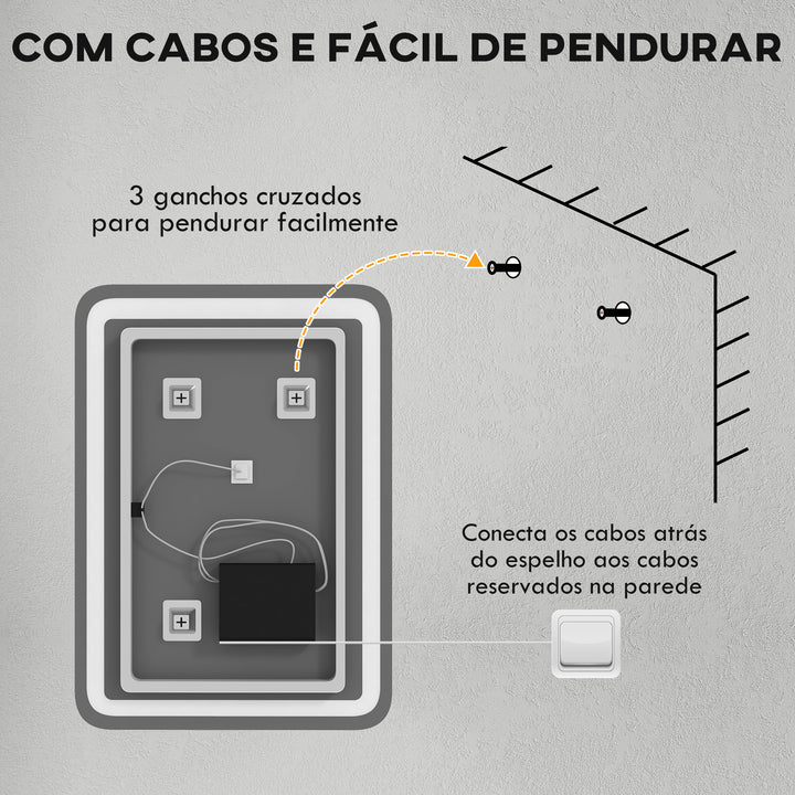 Espelho Casa de banho com Luzes LED 70x50 cm Espelho de Parede Antiembaciamento com 3 Temperaturas de Cor Ajustável e Função de Memória Horizontal e Vertical Prata