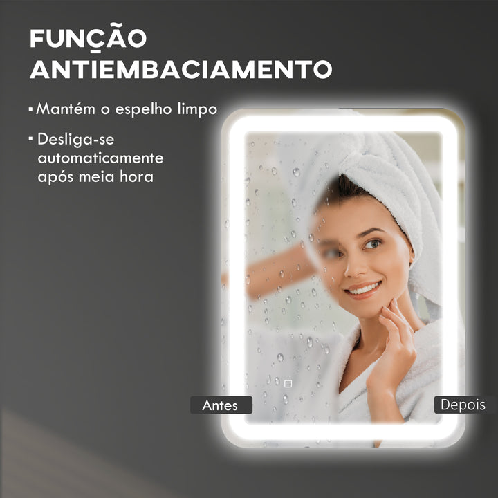 Espelho Casa de banho com Luzes LED 70x50 cm Espelho de Parede Antiembaciamento com 3 Temperaturas de Cor Ajustável e Função de Memória Horizontal e Vertical Prata