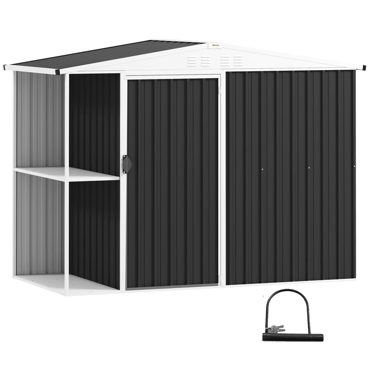 Abrigo de Jardim 2,7m² 245x117x180 cm Abrigo de Exterior com Prateleira de 2 Níveis 4 Ventilações e Porta com Fechadura Abrigo para Terraço Pátio Cinzento Escuro