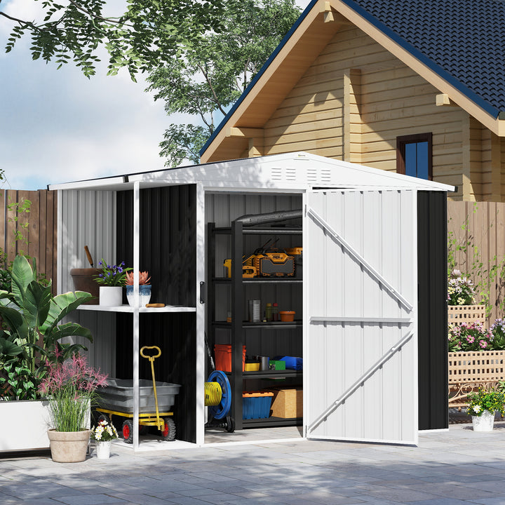 Abrigo de Jardim 2,7m² 245x117x180 cm Abrigo de Exterior com Prateleira de 2 Níveis 4 Ventilações e Porta com Fechadura Abrigo para Terraço Pátio Cinzento Escuro