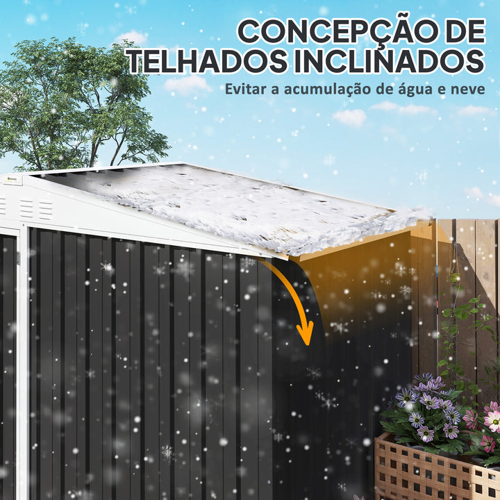 Abrigo de Jardim 2,7m² 245x117x180 cm Abrigo de Exterior com Prateleira de 2 Níveis 4 Ventilações e Porta com Fechadura Abrigo para Terraço Pátio Cinzento Escuro