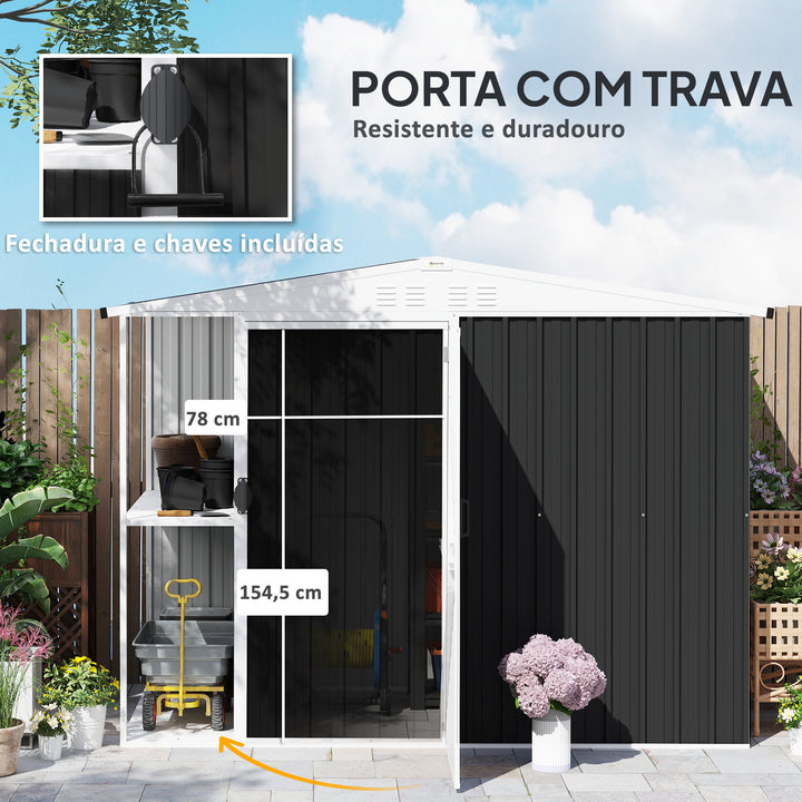 Abrigo de Jardim 2,7m² 245x117x180 cm Abrigo de Exterior com Prateleira de 2 Níveis 4 Ventilações e Porta com Fechadura Abrigo para Terraço Pátio Cinzento Escuro