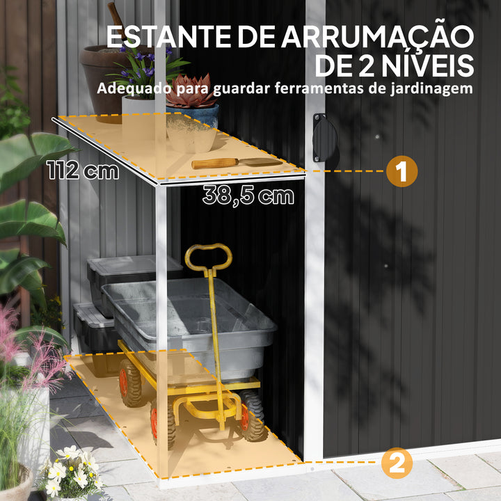 Abrigo de Jardim 2,7m² 245x117x180 cm Abrigo de Exterior com Prateleira de 2 Níveis 4 Ventilações e Porta com Fechadura Abrigo para Terraço Pátio Cinzento Escuro