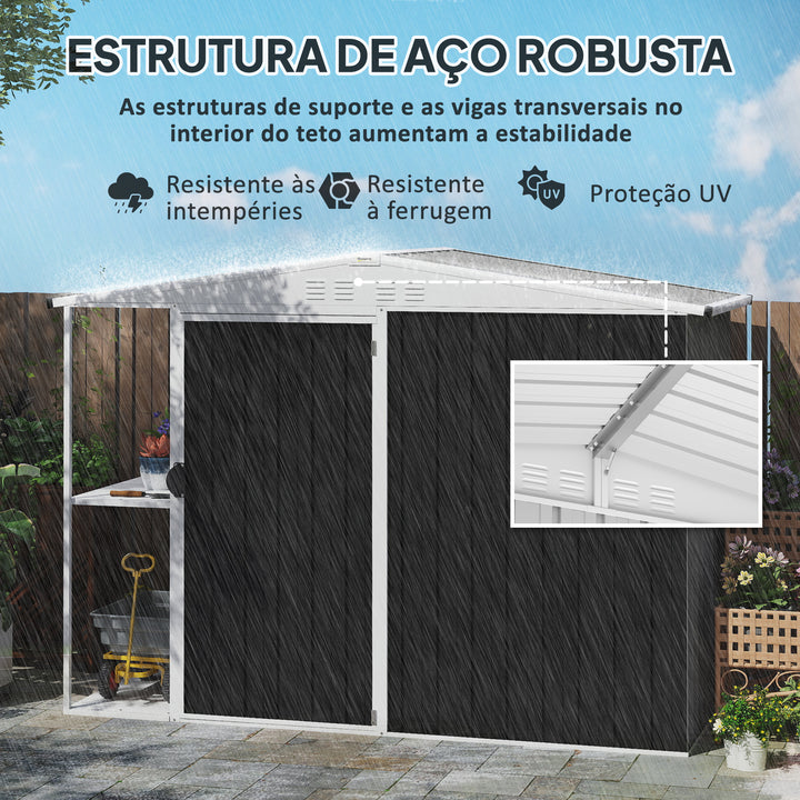 Abrigo de Jardim 2,7m² 245x117x180 cm Abrigo de Exterior com Prateleira de 2 Níveis 4 Ventilações e Porta com Fechadura Abrigo para Terraço Pátio Cinzento Escuro