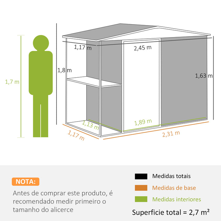 Abrigo de Jardim 2,7m² 245x117x180 cm Abrigo de Exterior com Prateleira de 2 Níveis 4 Ventilações e Porta com Fechadura Abrigo para Terraço Pátio Cinzento Escuro