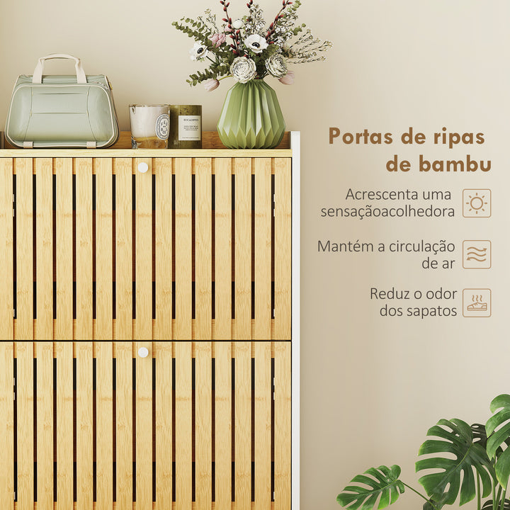 Sapateira Estreita com 3 Portas de Bambu em Ripas Móvel Sapateira com Prateleiras Ajustáveis para 18 Pares de Sapatos 60x24x118 cm Branco e Madeira