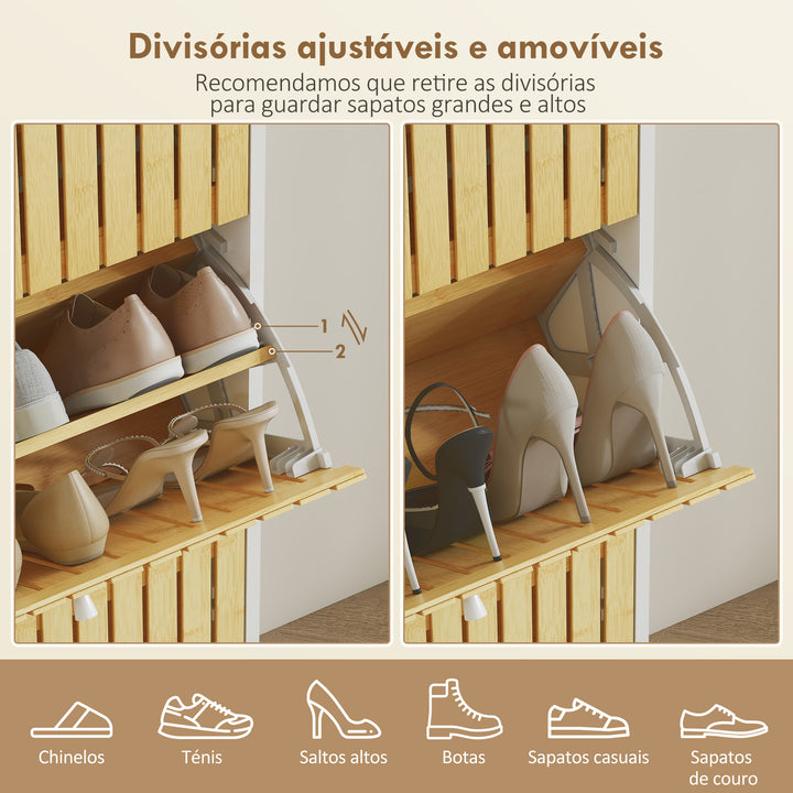 Sapateira Estreita com 3 Portas de Bambu em Ripas Móvel Sapateira com Prateleiras Ajustáveis para 18 Pares de Sapatos 60x24x118 cm Branco e Madeira