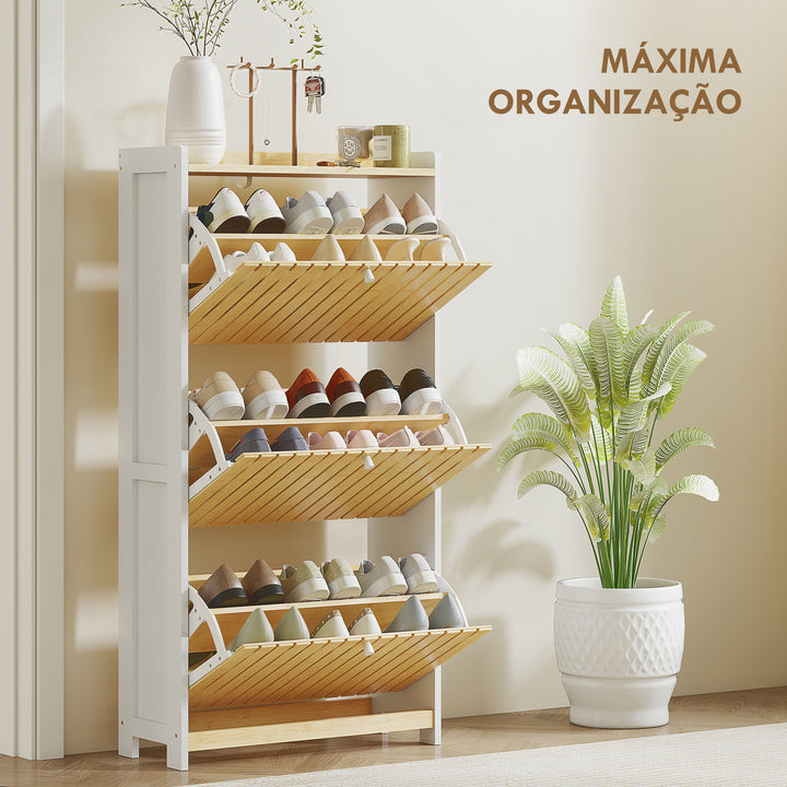 Sapateira Estreita com 3 Portas de Bambu em Ripas Móvel Sapateira com Prateleiras Ajustáveis para 18 Pares de Sapatos 60x24x118 cm Branco e Madeira