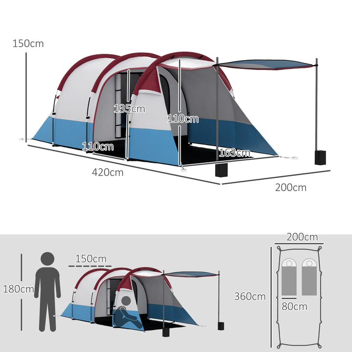 Tenda de Campismo Familiar para 2-3 Pessoas Tenda de Campismo Dobrável com 2 Quartos e Bolsa de Transporte Impermeável para Trekking 420x200x150 cm Multicolor