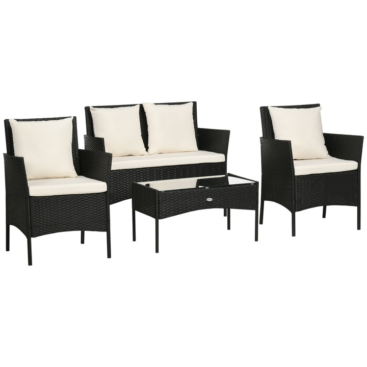 Conjunto de Jardim de Vime Sintético Conjunto de 4 Peças Móveis de Jardim com 2 Poltronas 1 Sofá de 2 Lugares 1 Mesa de Centro com Tampo de Vidro e Almofadas Preto e Branco