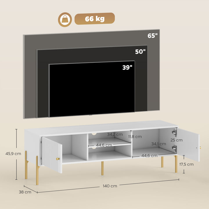 Móvel de TV Moderno de 2 Portas Móvel de TV para Sala com 2 Prateleiras Abertas Ajustáveis Orifícios para Cabos Pernas de Aço para Televisão 65 Polegadas 140x38x45,9 cm Branco