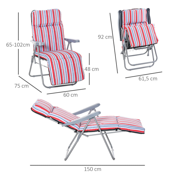 Conjunto de 2 Espreguiçadeiras Dobráveis de Jardim Exterior com Almofada Acolchoada Encosto Ajustável em 5 Posições Apoio para Pés e Estrutura de Aço 60x75x65-102 cm Vermelho e Branco