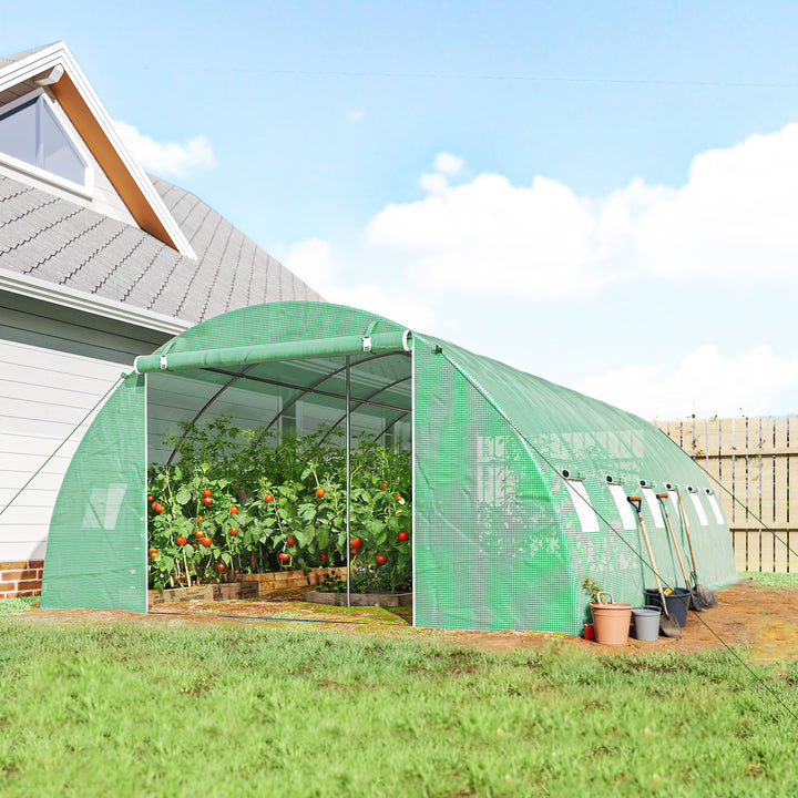 Estufa de Exterior 6x4x2 m, Estufa Tipo Túnel com 2 Barras de Suporte, Portas Enroláveis, Janelas com Rede, Cobertura de PE e Estrutura de Aço Galvanizado, Anti-UV, Impermeável, Verde