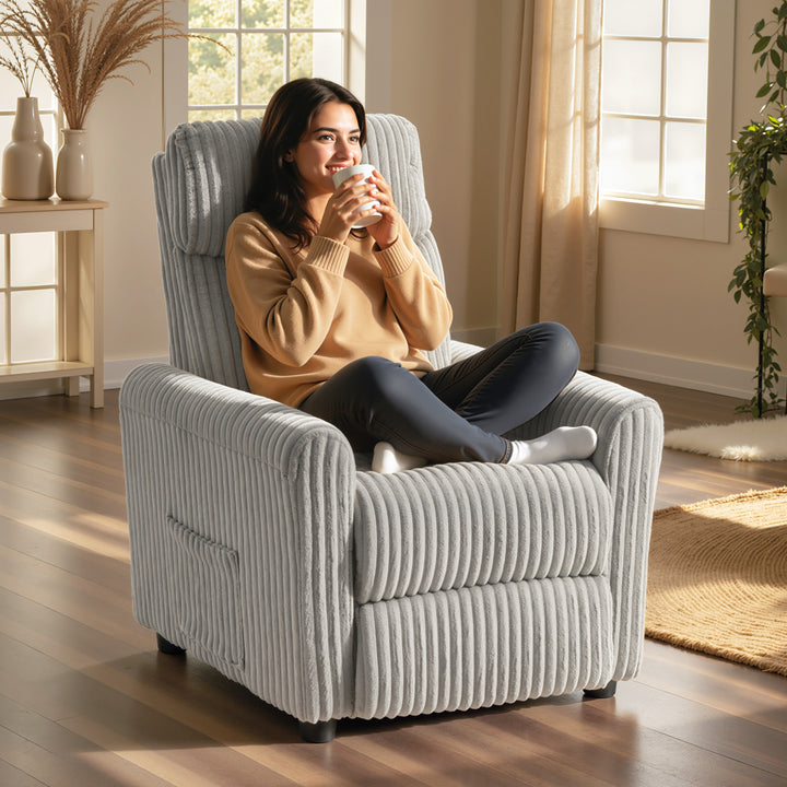 Poltrona Relax Reclinável Poltrona Reclinável Manual Estofada em Veludo Instalação Rápida Apoio para Pés Acolchoamento Grosso Para Sala de Estar Quarto Escritório 73x86x100 cm Cinza