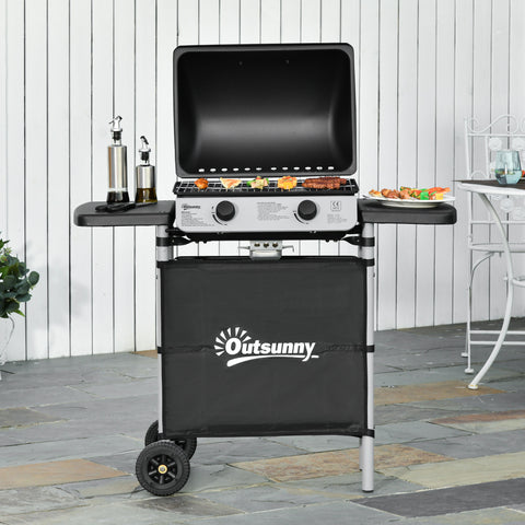 Barbecue a Gás com 2 Queimadores 2,8 KW Barbecue a Gás com 2 Rodas 2 Mesas Laterais e Grelhas de Aço para Piquenique Campismo 104x49x99 cm Preto