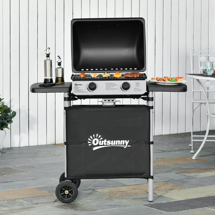 Barbecue a Gás com 2 Queimadores 2,8 KW Barbecue a Gás com 2 Rodas 2 Mesas Laterais e Grelhas de Aço para Piquenique Campismo 104x49x99 cm Preto