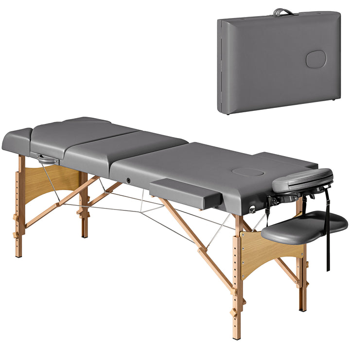 Marquesa de Massagem Dobrável Portátil Marquesa Estética Profissional em Madeira de 3 Zonas com Altura Ajustável Apoio de Cabeça Apoios de Braço Acolchoados 215x60x64-89 cm Cinza