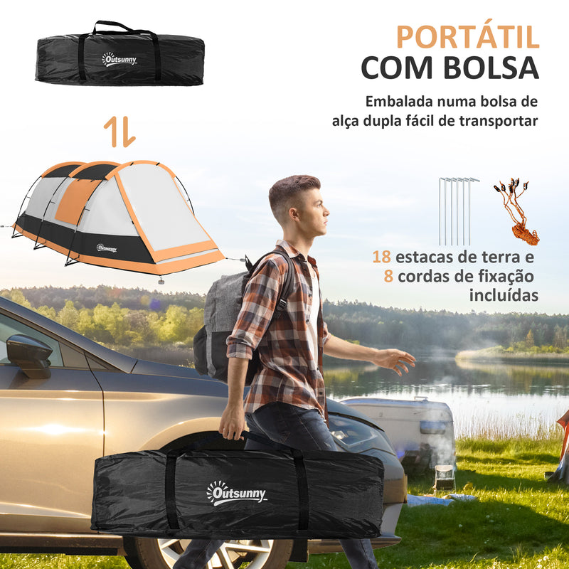 Tenda de Campismo Familiar para 3-4 Pessoas Tenda de Campismo Dobrável com 2 Quartos e Bolsa de Transporte Impermeável para Trekking 370x220x130 cm Laranja e Cinza