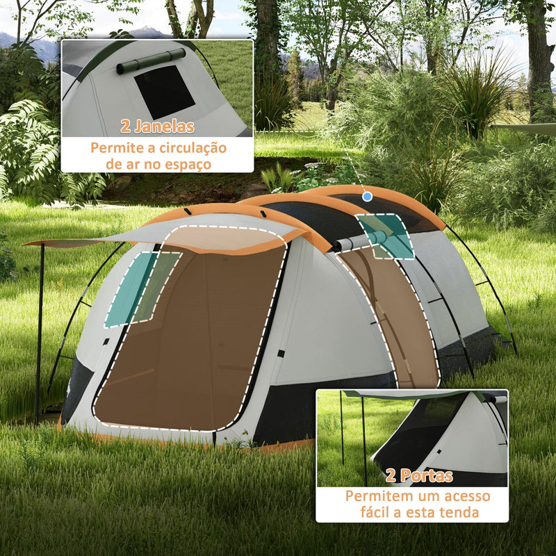 Tenda de Campismo Familiar para 3-4 Pessoas Tenda de Campismo Dobrável com 2 Quartos e Bolsa de Transporte Impermeável para Trekking 370x220x130 cm Laranja e Cinza