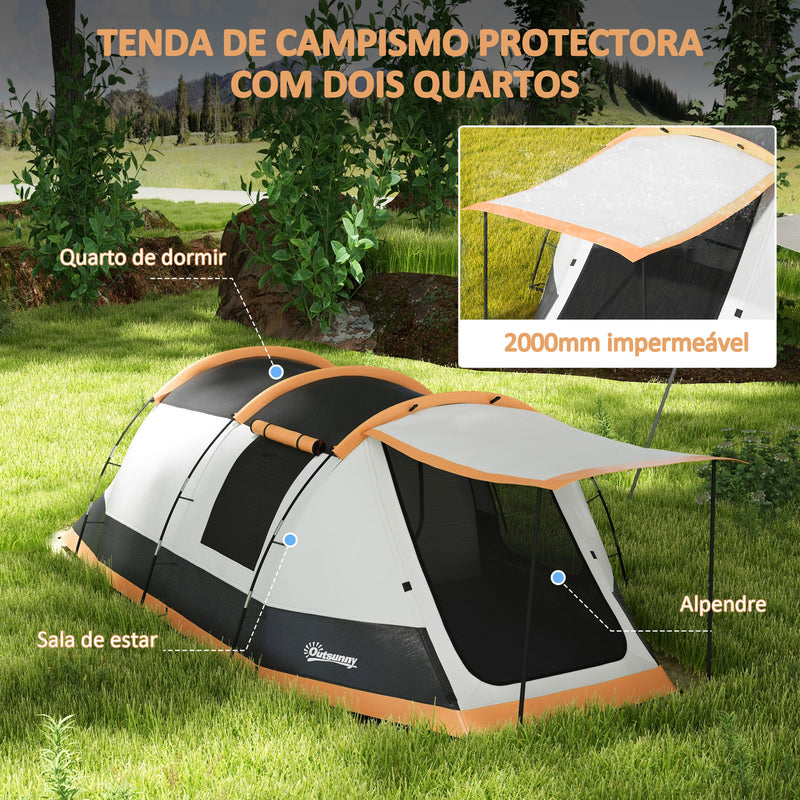 Tenda de Campismo Familiar para 3-4 Pessoas Tenda de Campismo Dobrável com 2 Quartos e Bolsa de Transporte Impermeável para Trekking 370x220x130 cm Laranja e Cinza