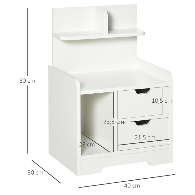 Mesa de Cabeceira Moderna Mesa de Cabeceira com 2 Gavetas e 3 Compartimentos de Armazenamento para Sala de Estar Quarto Carga 30 kg 40x30x60 cm Branco