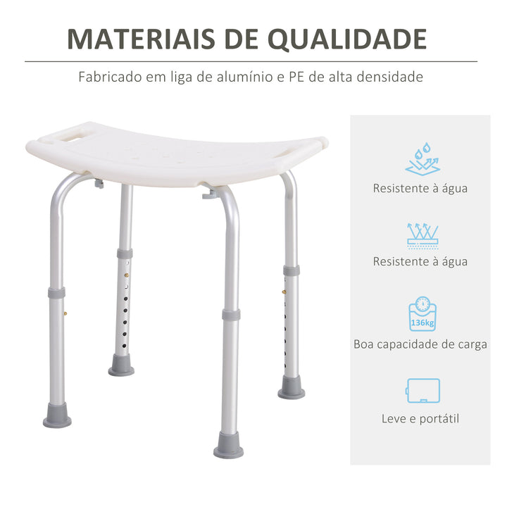 Banco de Duche Banco de Segurança para Duche com Altura Ajustável em 8 Posições com Base de Borracha Antiderrapante 50x50,6x39,5-56,5 cm Branco