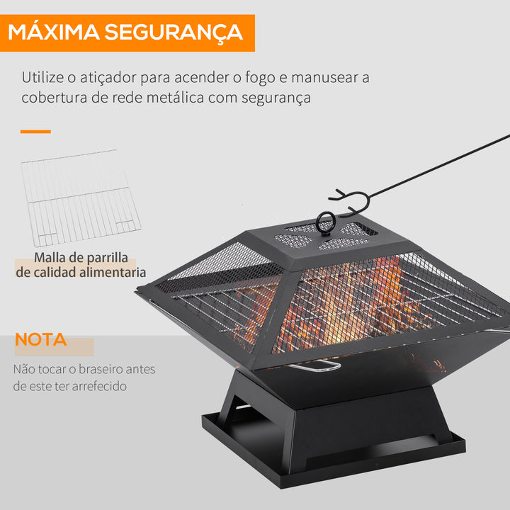 Braseiro Exterior de Aço Braseiro para Jardim Multifuncional com Tampa Protetora e Atiçador para Churrascos Fogueiras para Varanda Campismo 45x45x34 cm Preto