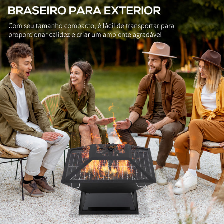Braseiro Exterior de Aço Braseiro para Jardim Multifuncional com Tampa Protetora e Atiçador para Churrascos Fogueiras para Varanda Campismo 45x45x34 cm Preto