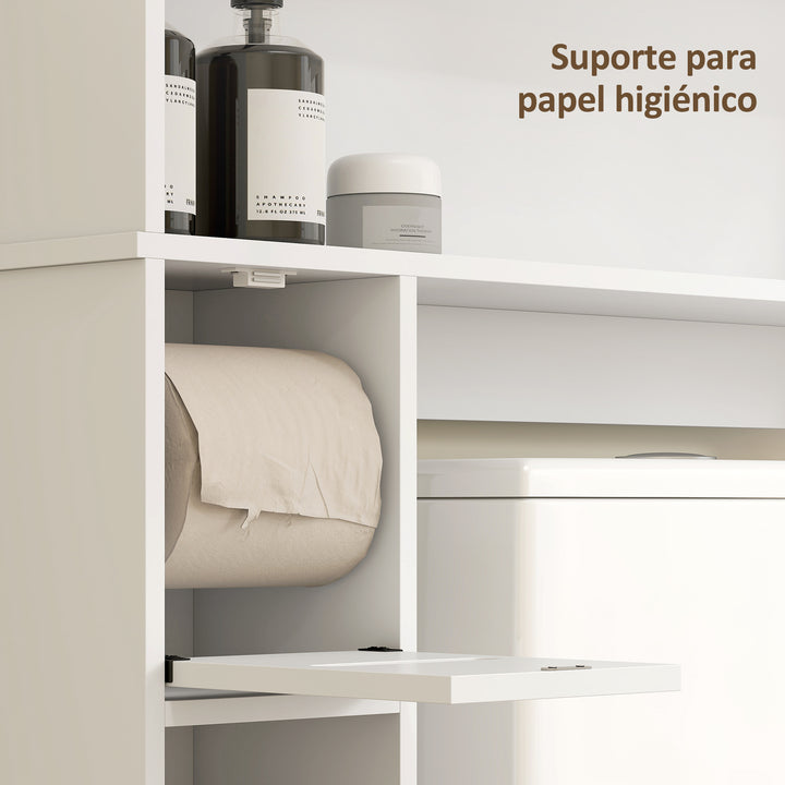 Armário sobre Sanita Móvel sobre Sanita com Prateleira Ajustável 2 Portas Suporte para Papel Higiênico e Prateleiras Abertas Armário para Máquina de Lavar 80x19,5x170 cm Branco