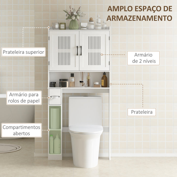 Armário sobre Sanita Móvel sobre Sanita com Prateleira Ajustável 2 Portas Suporte para Papel Higiênico e Prateleiras Abertas Armário para Máquina de Lavar 80x19,5x170 cm Branco