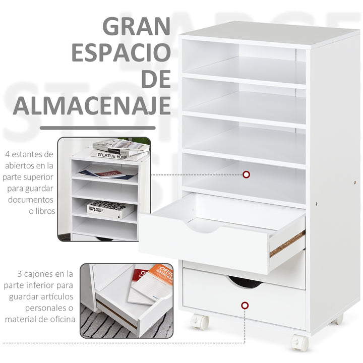 Móveis de escritório com 3 gavetas 4 prateleiras abertas 4 rodas 40x30x83 cm Branco