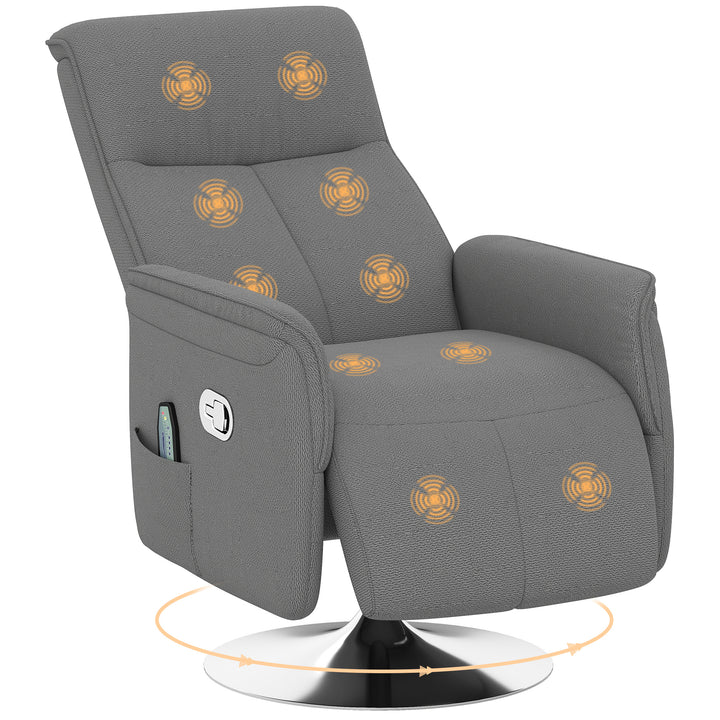 Poltrona de Massagem Elétrica com Apoio para os Pés Poltrona Relax Giratória Reclinável até 135° com Controlo Remoto 10 Pontos de Massagem e Bolso Lateral 68,5x84x110 cm Cinzento