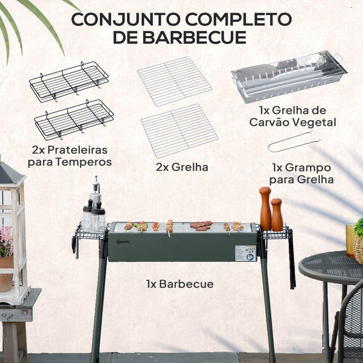 Barbecue a Carvão com 2 Grelhas de Aço Inoxidável Barbecue Portátil com 2 Prateleiras para Temperos com Ganchos para Campismo Jardim 77x30x70 cm Verde