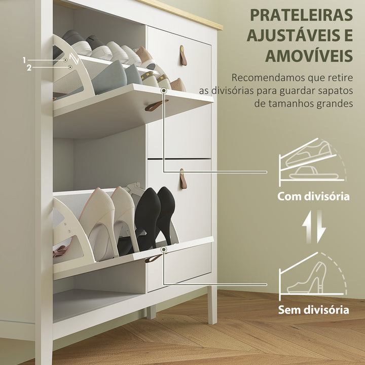 Sapateira Estreita Móvel Sapateira para Entrada com 4 Gavetas Abatíveis Prateleiras Ajustáveis e Puxadores em PU para 20 Pares de Sapatos para Corredor 105x24x95,5 cm Branco