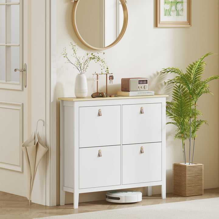 Sapateira Estreita Móvel Sapateira para Entrada com 4 Gavetas Abatíveis Prateleiras Ajustáveis e Puxadores em PU para 20 Pares de Sapatos para Corredor 105x24x95,5 cm Branco