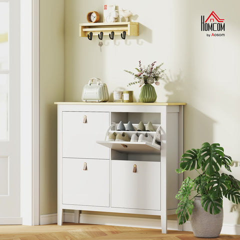 Sapateira Estreita Móvel Sapateira para Entrada com 4 Gavetas Abatíveis Prateleiras Ajustáveis e Puxadores em PU para 20 Pares de Sapatos para Corredor 105x24x95,5 cm Branco