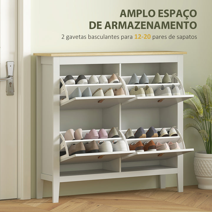 Sapateira Estreita Móvel Sapateira para Entrada com 4 Gavetas Abatíveis Prateleiras Ajustáveis e Puxadores em PU para 20 Pares de Sapatos para Corredor 105x24x95,5 cm Branco