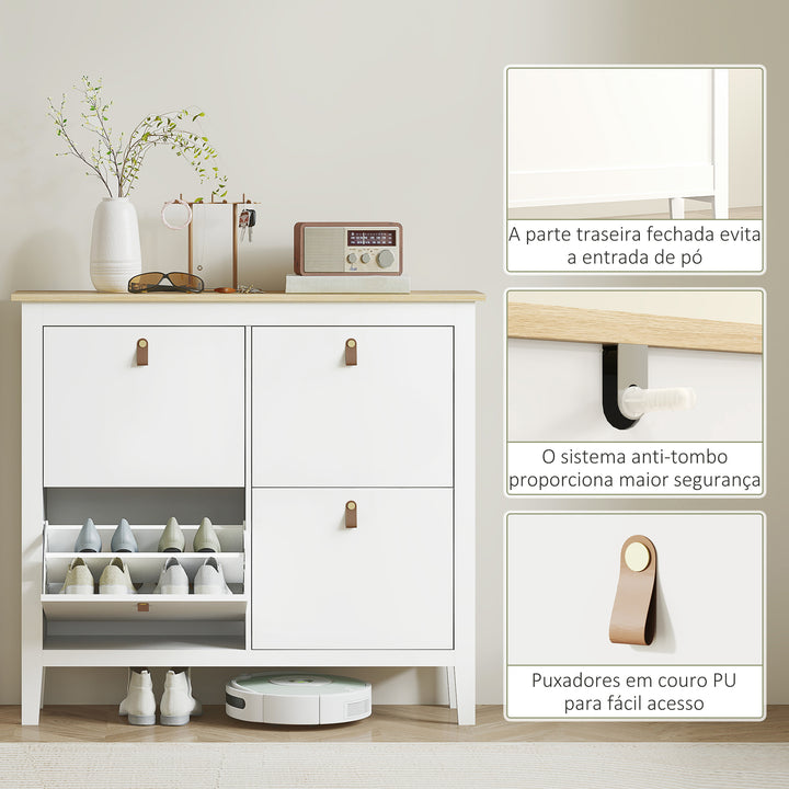 Sapateira Estreita Móvel Sapateira para Entrada com 4 Gavetas Abatíveis Prateleiras Ajustáveis e Puxadores em PU para 20 Pares de Sapatos para Corredor 105x24x95,5 cm Branco