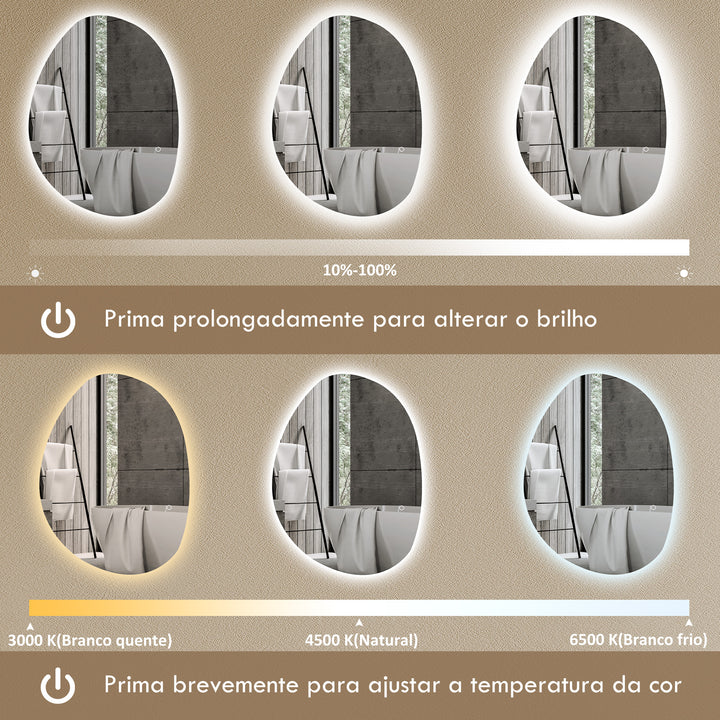 Espelho de Casa de Banho LED 70x50 cm Espelho de Parede sem Moldura 3 Cores de Luz Brilho Regulável Função Anti-Embaciamento Função Memória, Interruptor Táctil IP44 Prata