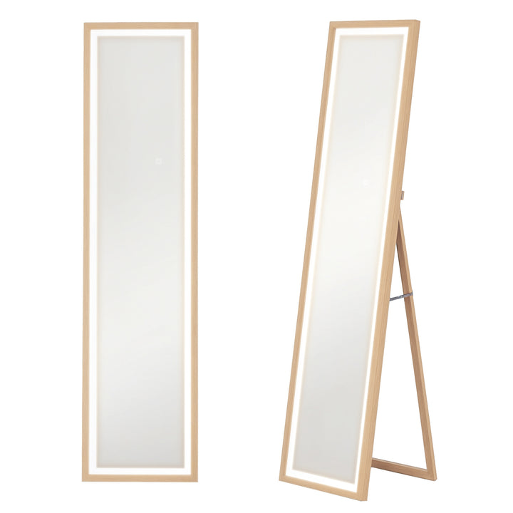 Espelho de Pé com Luz LED 40x160 cm Espelho de Corpo Inteiro com Iluminação de 3 Cores Tátil Função de Memória e Suporte para Sala de Estar Dormitório Madeira