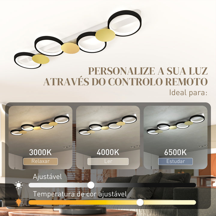 Candeeiro de Teto Regulável com 4 Focos Candeeiro LED de Teto com Controlo Remoto Modos de Cena 1500 lm 38 W, 3000 K-6500 K para Sala de Estar Quarto Escritório 100x31x7 cm Preto e Dourado