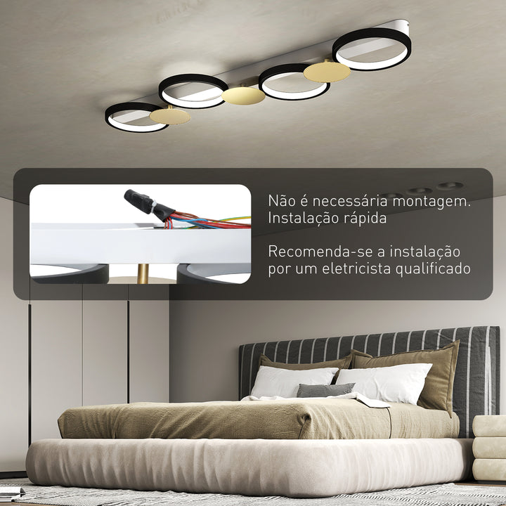 Candeeiro de Teto Regulável com 4 Focos Candeeiro LED de Teto com Controlo Remoto Modos de Cena 1500 lm 38 W, 3000 K-6500 K para Sala de Estar Quarto Escritório 100x31x7 cm Preto e Dourado