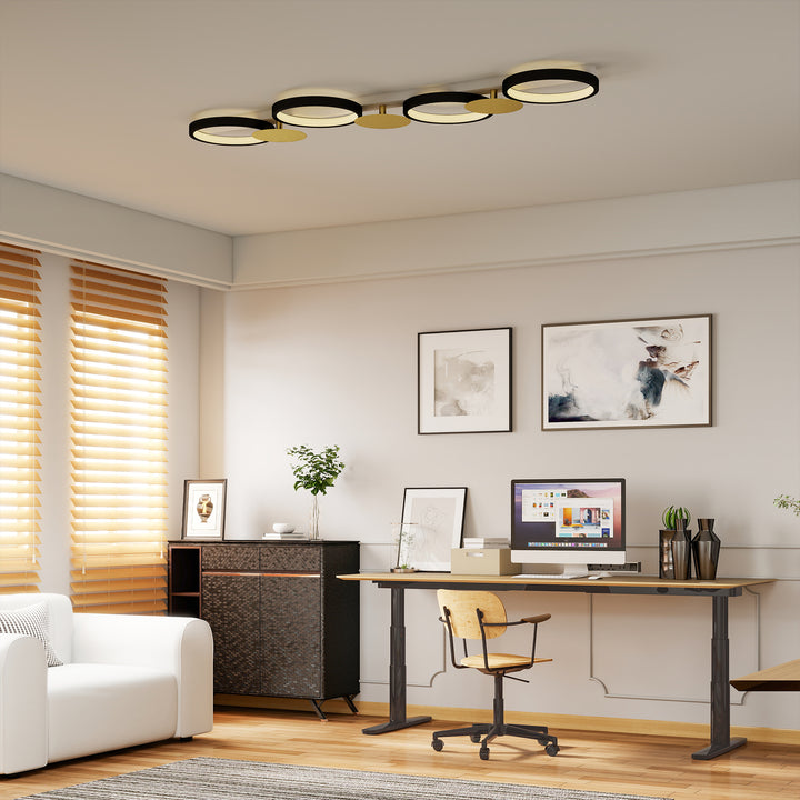Candeeiro de Teto Regulável com 4 Focos Candeeiro LED de Teto com Controlo Remoto Modos de Cena 1500 lm 38 W, 3000 K-6500 K para Sala de Estar Quarto Escritório 100x31x7 cm Preto e Dourado