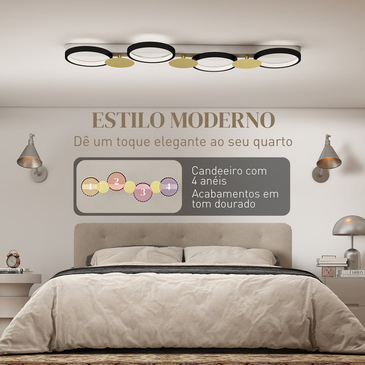 Candeeiro de Teto Regulável com 4 Focos Candeeiro LED de Teto com Controlo Remoto Modos de Cena 1500 lm 38 W, 3000 K-6500 K para Sala de Estar Quarto Escritório 100x31x7 cm Preto e Dourado