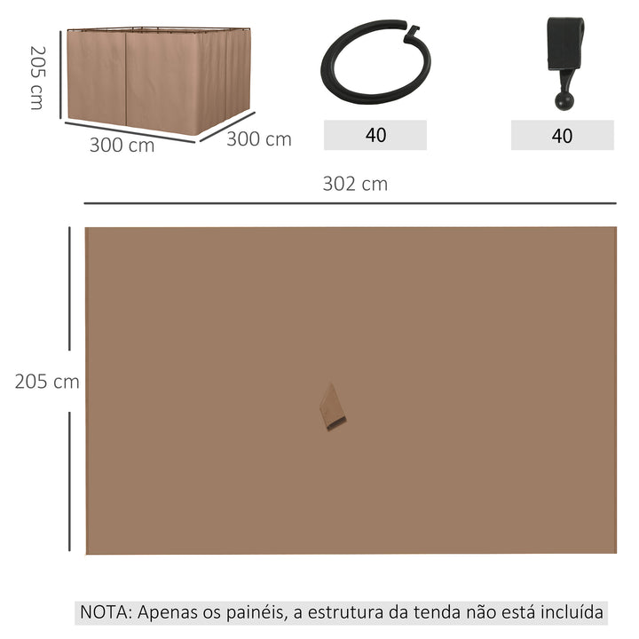 4 Paredes Laterais para Tenda 302x205 cm Laterais para Tenda Universal com Ganchos e Argola em C para Tenda de Jardim Terraço Marrom