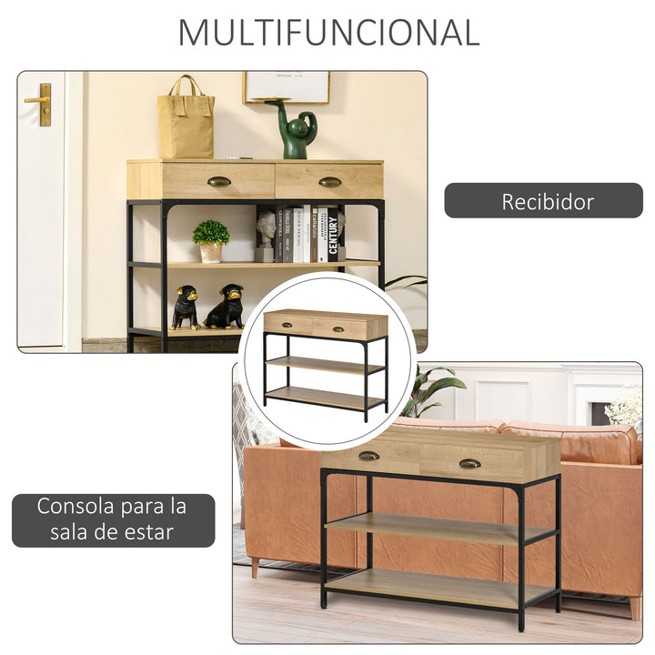 Mesa Consola Mesa de Entrada Estreita com 2 Gavetas e 2 Prateleiras de Armazenamento Estrutura de Aço para Corredor Entrada Sala de Estar 100x35x79,5cm Carvalho e Preto