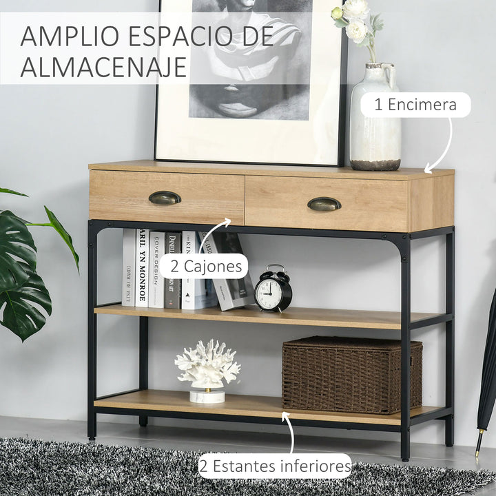 Mesa Consola Mesa de Entrada Estreita com 2 Gavetas e 2 Prateleiras de Armazenamento Estrutura de Aço para Corredor Entrada Sala de Estar 100x35x79,5cm Carvalho e Preto
